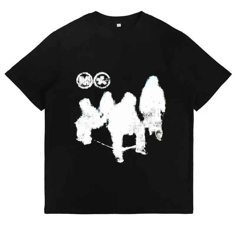 Mens Black Graphic Short Sleeve T Shirt Streetwear Cotton Tee Grunge White Shadow Figures Skate Style Casual Summer Top for Everyday Wear Customized Menswear