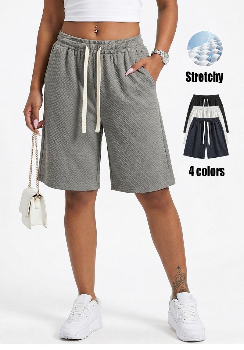 Jacquard Textured Summer Shorts for Women, High Waist Casual Loose Bermuda Shorts with Pockets