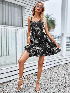 A women's elegant floral printed sleeveless pullover dress with elastic waist and spaghetti straps, suitable for summer, vacation, daily outings, an