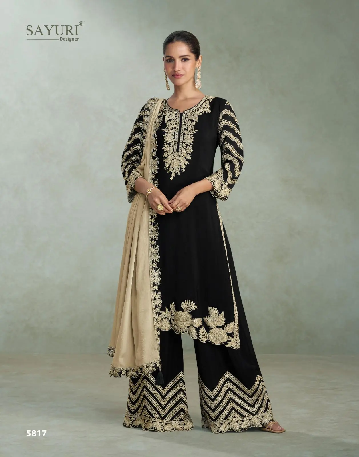 Women's Sayuri Black Salwar Suit Set - Floral Embroidered Chinon Silk Fabrics, Boho Floral Lace Top & Bottom, Festival-Special Lady Womenswear