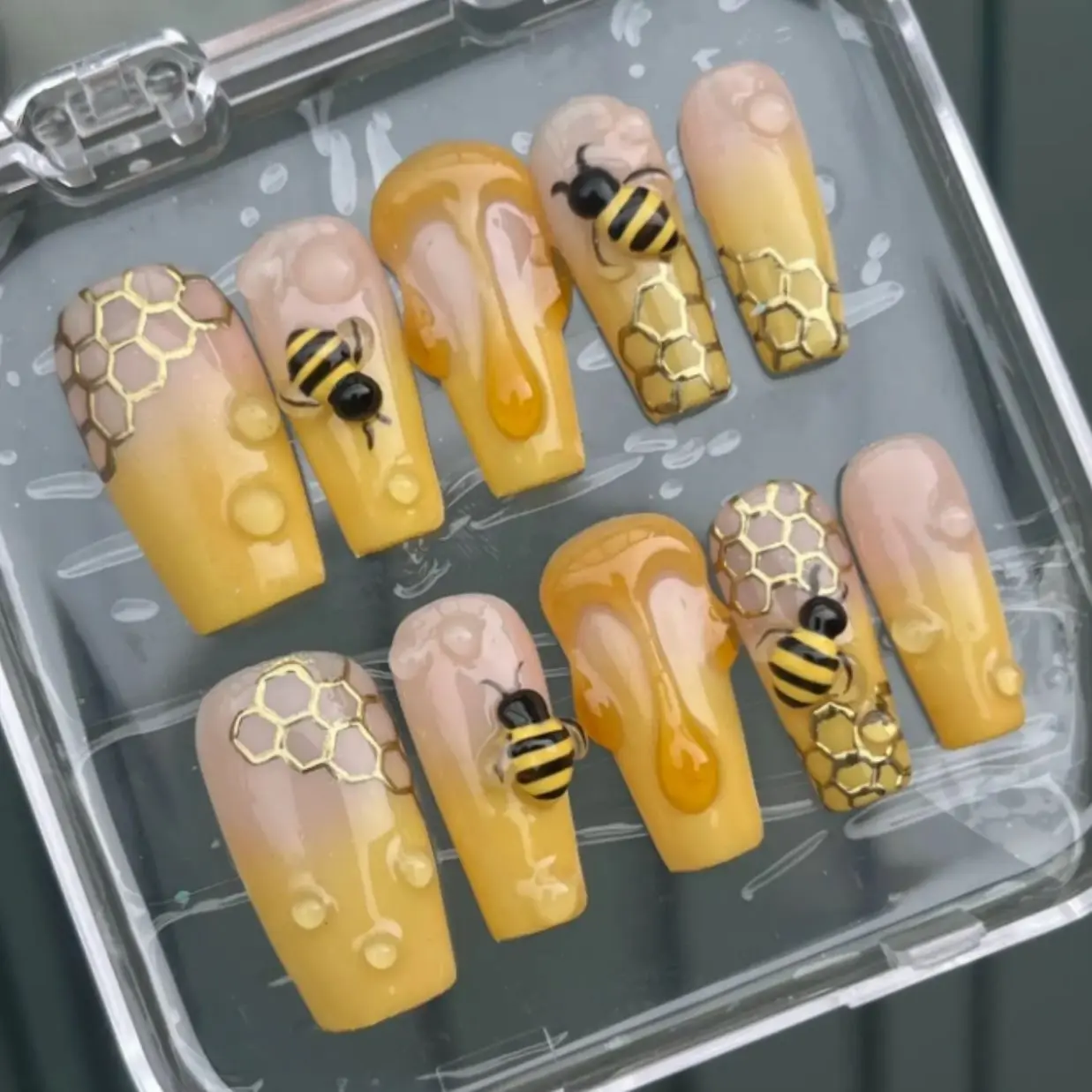 Handmade Honey Bee Press On Nails, 3D Bumble Bee, Honey Drip, Gold Honeycomb, Yellow Ombre, Cute Nature Inspired Nail Art