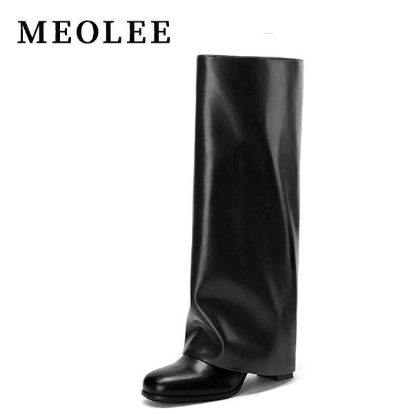 Meolee Knee High Boots Women Fold Over Chunky High Heels Long Boots with Zipper Round Toe for Elegant Dress Tall Boots Smooth PU Leather Breathable Linings