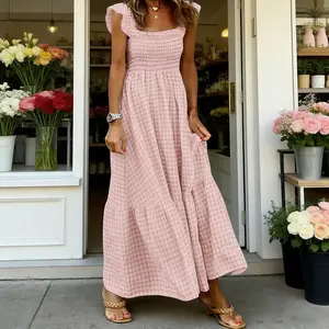 Women’s retro checkered pattern smocked spaghetti-strap long casual sleeveless flowy evening gown, basic with pocket—cute and elegant GARMENTARY