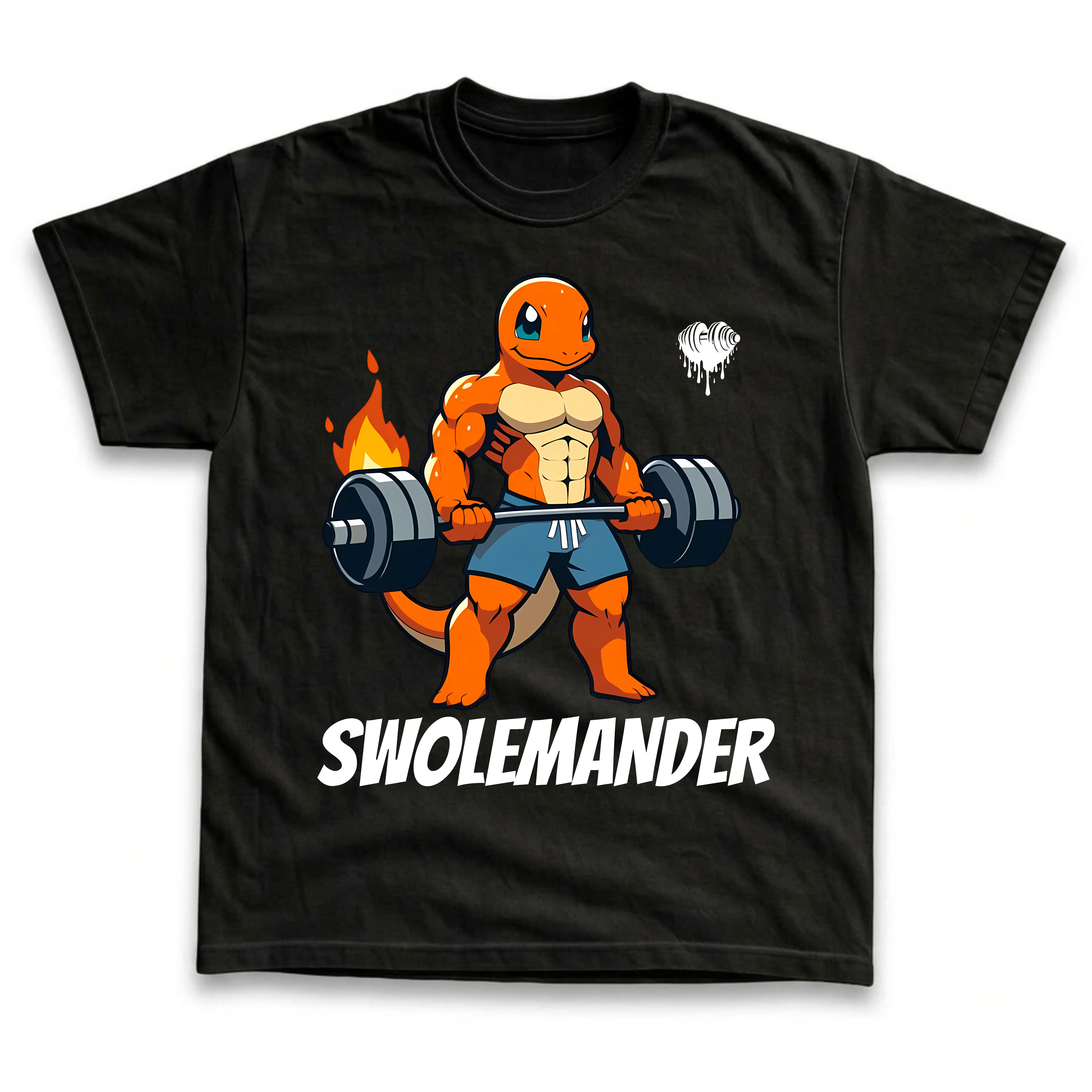Men's and Women's T-Shirts, Vintage Swole Muscular Fire Lizard Barbell Gym Graphic Tee, Funny Anime Fitness Workout Parody, Retro Harajuku Streetwear Unisex Tee, Trendy Casual Crewneck Top, Cool Gym Bodybuilding Apparel, Unique Gamer Otaku Gift Idea