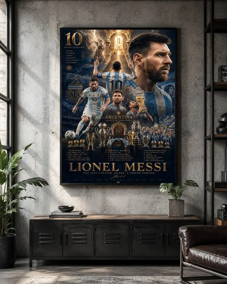 Argentina Football Legend Poster, Messi Soccer Wall Art, Champion Trophy Print, Blue Gold Sports Decor, Football Fan Gift