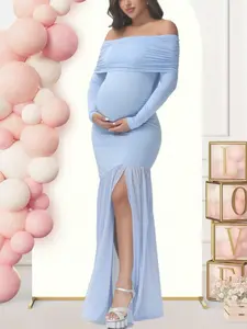 Elegant Maternity Dress, Prenatal Maternity Clothing, High Elastic Comfortable Pregnancy Gown, Long Sleeve Off-Shoulder Mesh Patchwork Split Hem, Spring & Fall Fashion Pregnant Clothes