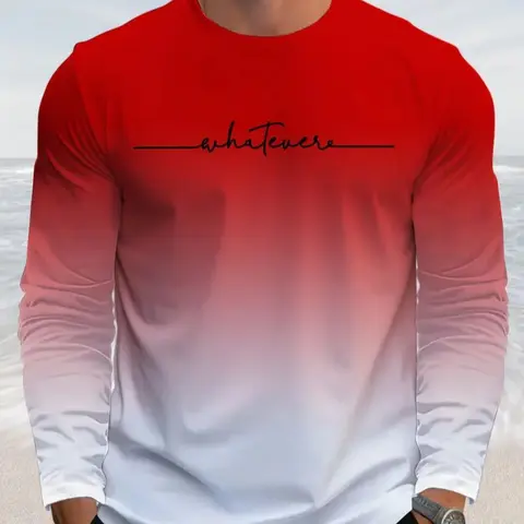 Men's Gradient 3D Digital Print Casual Printed Quick-Dry Long Sleeve T-Shirt, Menswear Streetwear Casual Round Neck Polyester Knit Top Fabric for Spring & Fall Seasons