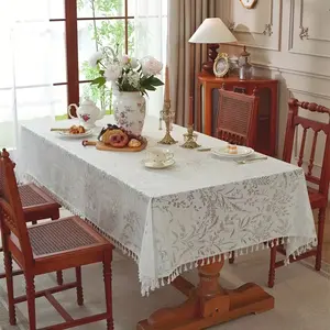 1pc Lace Polyester Tablecloth with Leaf Vine Pattern, Fringe Edges, Soft Feel, Ideal for Restaurant Decor, Banquets, Parties, Dinnerware