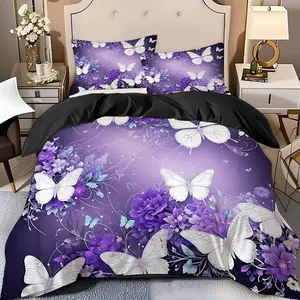 2/3 Pcs Purple Butterfly Flower Bed Cover Set (1* Bed Cover +1/2* Pillowcase, No Filling) Soft High-End Digital Printed Decorative Bedding Set, Perfect Gift For Family,Friends During The New Year Holiday!Suitable For All Year Round!Machine Washable