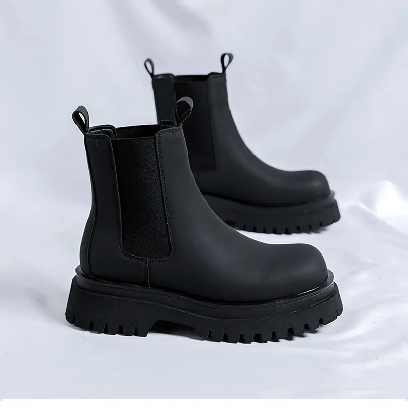 Men's Leather Chelsea Boots - Cylindrical Shaft, Thick Height-Boosting Non-Slip Sole, Versatile Workwear Shoe for Street, Commuting - Men's Walking Shoe, Walking Shoes