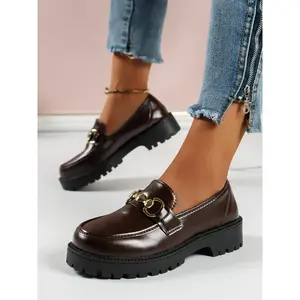 Elegant Thick Sole Loafers Women Patent Leather Chunky Heel Slimming Shoes, Fall Winter British Style Short Height Increase Single Shoe