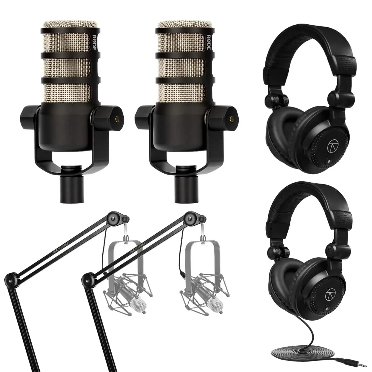 Rode 2X PodMic Dynamic Podcasting Microphones Bundle with 2x Broadcast Arms with Internal Springs and Integrated 10' XLR Cables, 2x High-Performance Closed-Back Studio Monitor Headphones (6 Products)