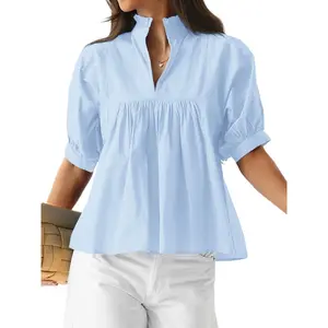 Skoinvb Womens Summer Babydoll Tops V Neck Short Puff Sleeve Peplum Shirt Loose Fit Casual Pleated Blouse