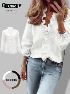 Women's Elegant V Neck Blouse with Ruffles, Loose-Fit Woven Shirt for All Seasons, Plain Pattern Casual Top for Office Wear