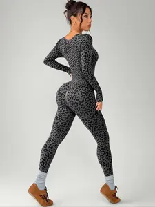 Spring Women's Sporty Jumpsuit, U Neck Leopard Knit Seamless Long Sleeve Pants, Outdoor Yoga Fitness, Workout Jumpsuit, Casual Wear, Slim-Fitting Below Ankle, Sports Jumpsuit, Yoga Jumpsuits