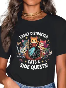 100% Cotton Easily Distracted Cats & Side Quests Cat Gamer Video Games T-Shirt
