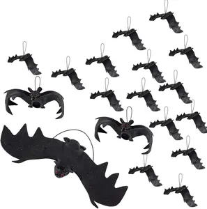 18 Pieces Hanging Bats Halloween Decor, Rubber Spooky Looking Bats- Fake Bats for Halloween Party Supplies and Decoration (3 Assorted Sizes)