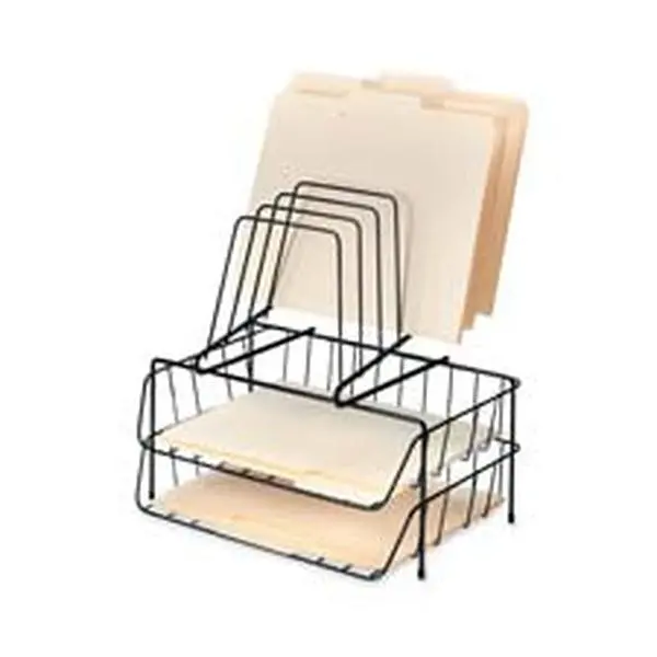 Black Rectangular Space-Saver Office Desk Organizer for Office Workers - 2 Units Double Letter Trays with Stacking Supports, Graduated 6-Compartment Step File, 13.88in x 10.13in x 14in, Separates Incoming & Outgoing Work, Combines 2 Units, Separates Incom