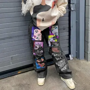 Retro high street jeans printed washing process simple casual pants women perfect  jeans