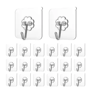 20 Pack Adhesive Heavy Duty Wall Hooks for Hanging, Removable Sticky Ceiling, Transparent Shower Hooks, Water & Oil Proof Strong 22lb(Max) Door Coat Hooks
