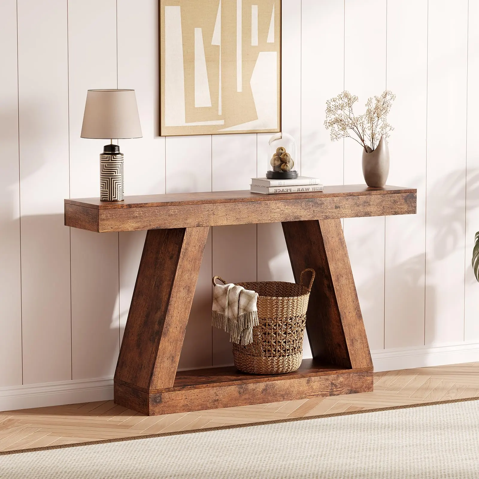 Garvee 55-Inch Freestanding Farmhouse-Industrial Trapezium Console Table Entryway Table - Engineered Wood Grain Narrow 2-Tier with Open Storage Shelves, 330 lbs Capacity, Easy Assembly, Space Saving Furniture for Foyer (Brown, Natural Finishes), Wipes Cle
