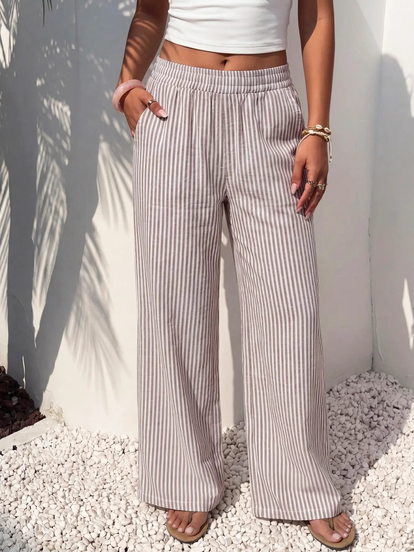 Women's Linen Vertical Striped Wide-Leg High-Waist Elastic Bottoms, Comfortable Loose-Fit Casual Wear with Built-In Pockets for Everyday, Vacation Use