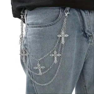 1Pc Hip Hop Punk Cross Stainless Steel Pants Chain, Silver Gold Tassel Pendant Waist Chain, Unisex Fashion Accessory for Party Music Festival Streetwear