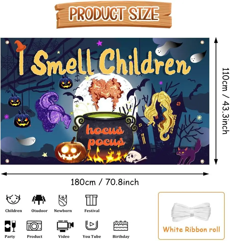 Spooky I Smell Children Banner Halloween I Smell a Child Backdrop for Kids Photography Hocus Pocus Photo Backdrop for Witch Indoor Scary Halloween Party Decorations 71 x 43 Inch
