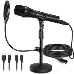 Dynamic Microphone XLR/USB-C for Recording/Singing, Hypercardioid＆Noise Rejection, Mic Gain, with Desktop Stand, Pop Filter, Headphone Jack, for Mac, PC, Audio Interface for Podcast, Studio, Singing