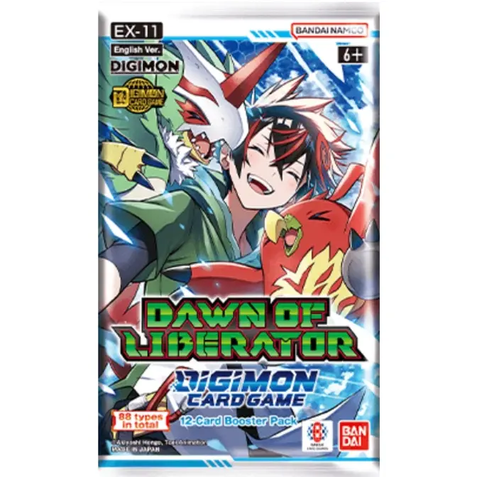 Digimon EX11: Dawn of Liberator Booster Pack - 12 Trading Cards, Digimon CCG Collectible with Option Card & Unique Emblem