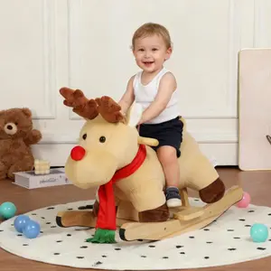 DOMISO Kids Ride-On Rocking Horse Toy with Lullaby Song, Moose Rocking Toy with Hand Puppets and Safety Belt For Children 1-3 Years, Soft Plush Fabric