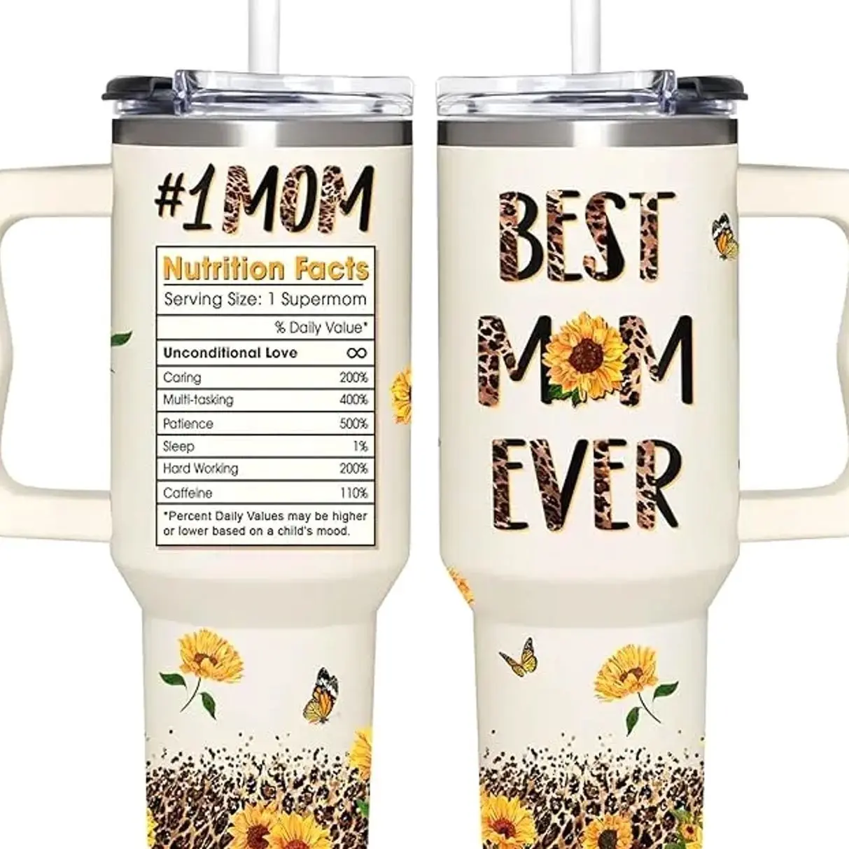 ShinyKT 40oz Double Wall Insulated Stainless Steel Mom Tumbler - Insulated Travel Tumbler with Portable Classic Large Cap, Handygrip, Straw, Lid, Custom-Printed, Reusable Kitchenware Drinkware, Mother's Day Gift for Women