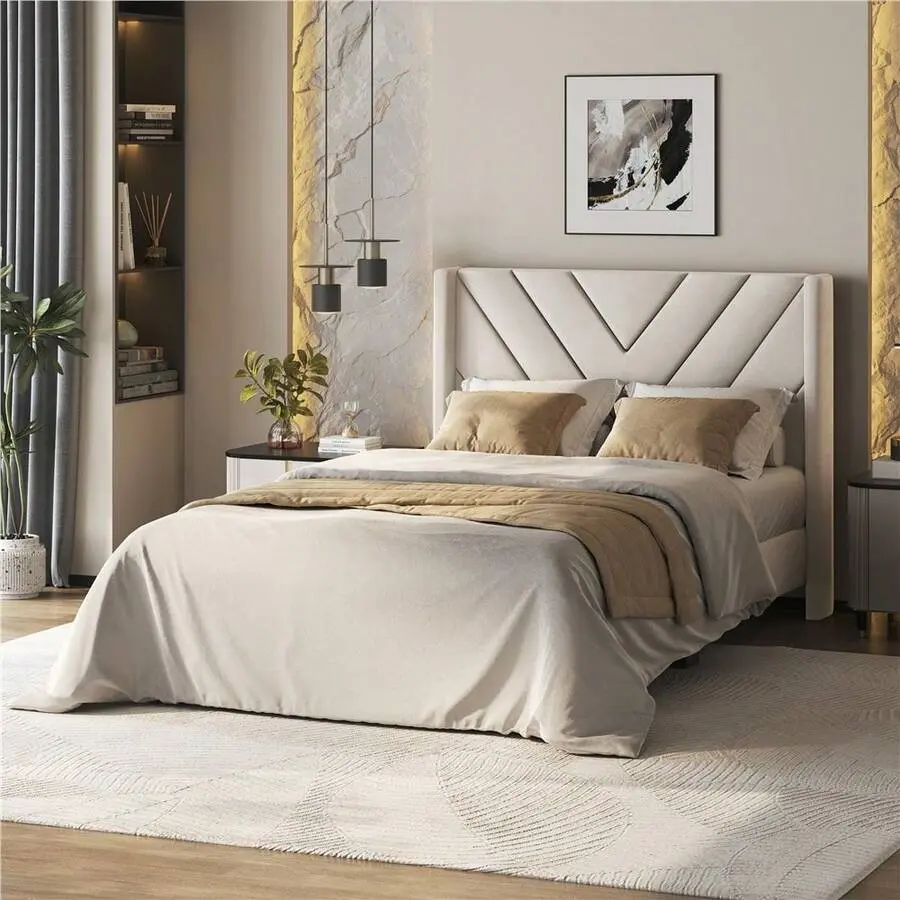 Queen Size Modern Wood & Fabric Winged Bed Frame with Winged Headboard Design, Smooth Dense Foam Padding, Built-In Slats Support, 84inL*64inW*41inH, 750lbs Capacity, Numbered Parts & Tools, Durable, Easy Setup, No Box Spring Needed Indoor Furniture