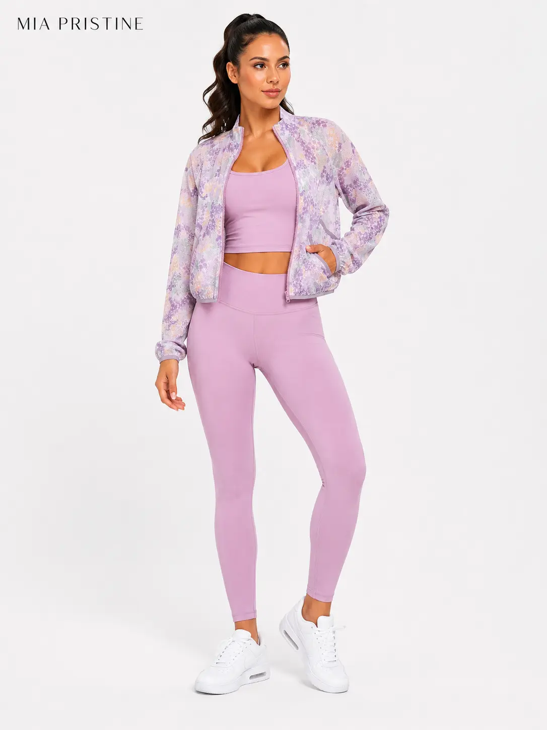 MIA PRISTINE Female 3-Piece Athletic Casual Set | Floral Long Sleeve Jacket, High-Waist Leggings & UV Protective Bra in Spandex Blend, Figure, Outdoor, Zip-Up Jacket, Quick Dry, Running, Top