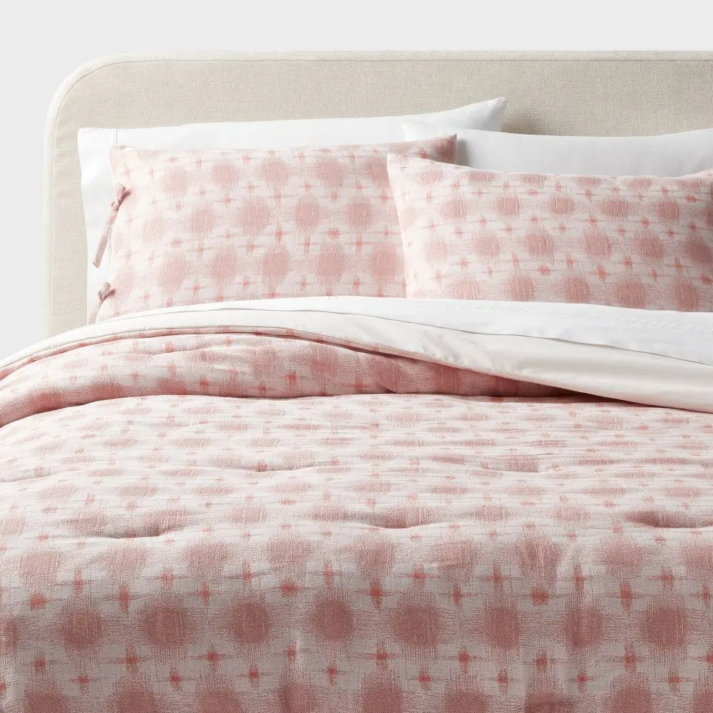 King Yarn Dye Ikat Comforter and Sham Set Ivory/Mauve - Threshold: Cotton Jacquard Machine Washable OEKO-TEX Certified