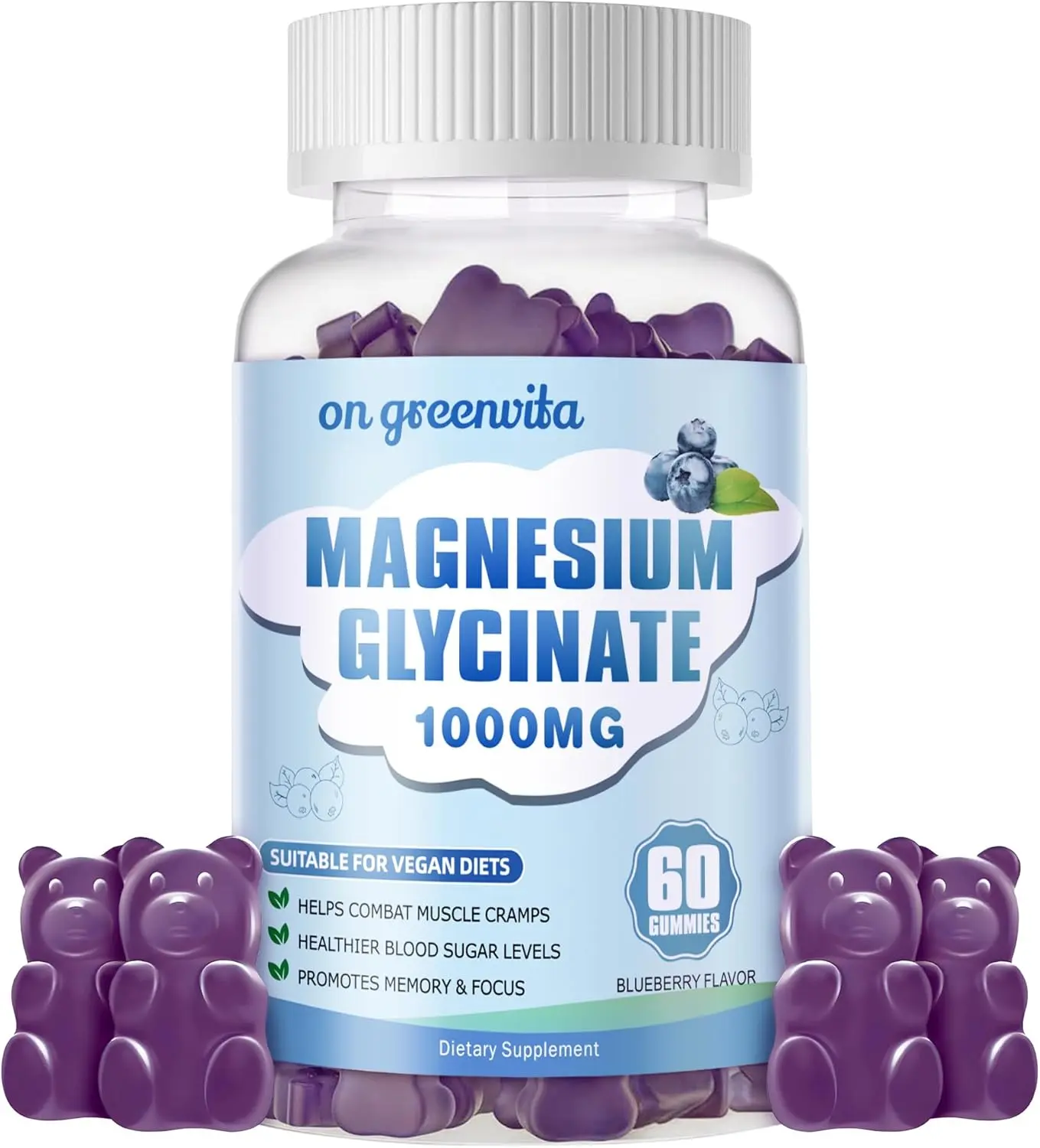 Magnesium Glycinate Gummies 1000mg - Sugar Free Magnesium Potassium Supplement with Vitamin D, B6, CoQ10 for Calm Mood & Sleep Support - 60 Blueberry Gummies