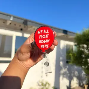 Float Pool “We All Float Down Here”  Badge Reel - Handmade Resin Balloon-Shaped Badge Reel with Swivel Clip & Clear Strap for Nurses Teachers Students
