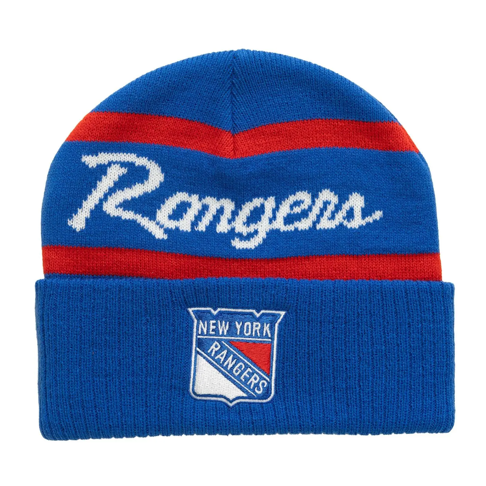 New York Rangers Blue Head Coach Cuffed Knit Hat NHL Throwback Cap Adjustable Fan Gear Mitchell & Ness