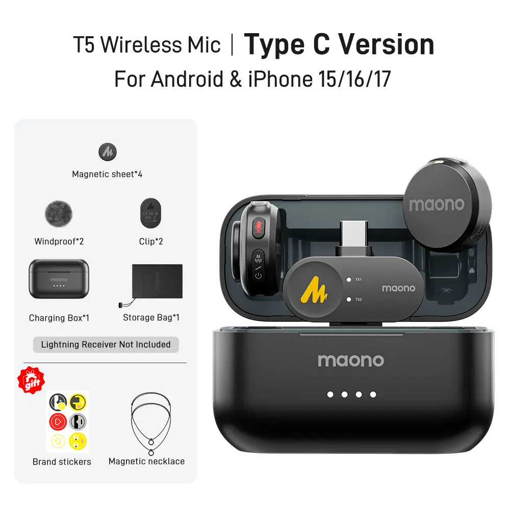 Maono T5 Adjustable Wireless Magnetic Clip-On Lapel Lavalier Microphone with Audio Noise Reduction, Magnetic Charging, Hands-Free Recording, Compatible with PC Camera, iPhone, Type-C Android, Ideal for Vlogging, Interviews,, Smartphone, Ga