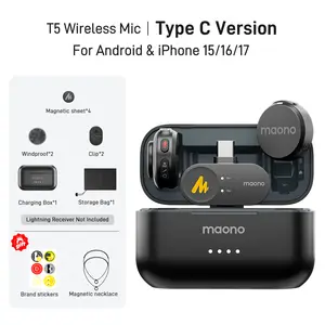 Maono T5 Wireless Magnetic Lapel Lavalier Microphone with Audio Noise Reduction, Magnetic Charging, Compatible with PC Camera, iPhone, Type-C Android, Ideal for Vlogging, Streaming, Content Creator Tools, Manufacturer Warranty