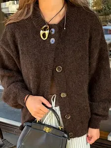 Elegant Women's Long Sleeve Knit Cardigan Knitwear, Soft Fabric, Button Front, Round Neck, Perfect for Spring & Fall Casual Wear