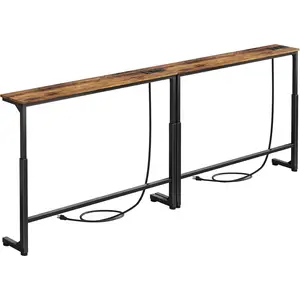 2-Pack Narrow Console Table with Adjustable Height (25"-33") & 2 Power Outlets, Skinny Behind Couch Table, 79" Long x 5.9" Wide Sofa Side Table for Living Room, Rustic Brown
