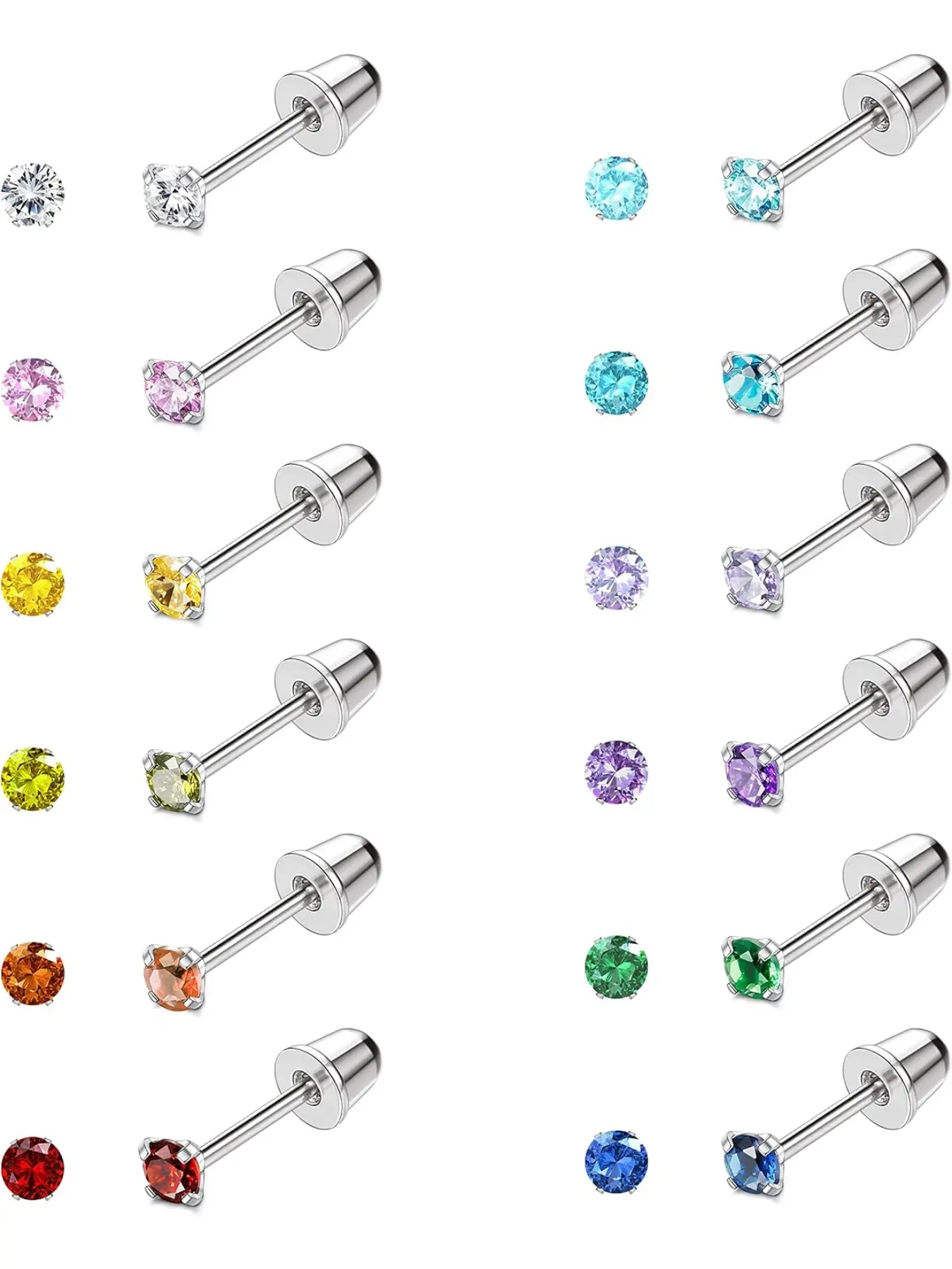 12 Pairs Screw Back Earrings for Women Stainless Steel Multicolored Cubic Zirconia Earrings 3mm /4mm/5mm Stud Earrings with Safety Backs Hypoallergenic Earrings for Women