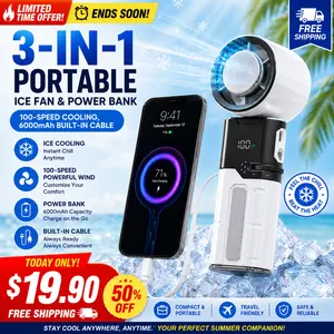 Handheld Fan + Phone Charger: 3-in-1 Ice Cooling Portable Fan (100 Speeds, 6000mAh)