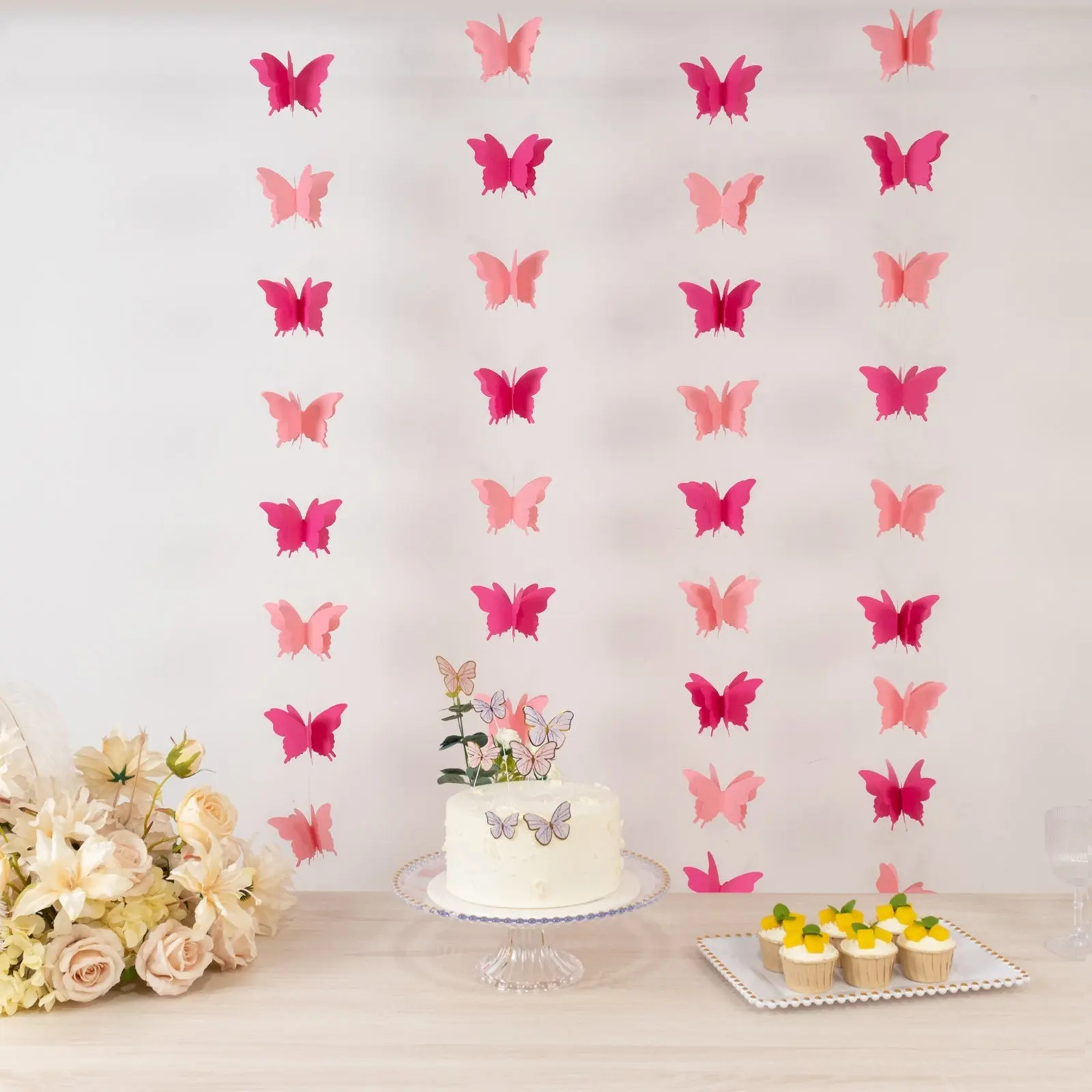 2 Pack Pink 3D Paper Butterfly String Banners - 9ft Hanging Garland Party Streamers, Baby Shower Ready, Office Party Decor, Wedding Shower Fit for Birthday Celebrations, Butterflies, Hanging Garland Streamers