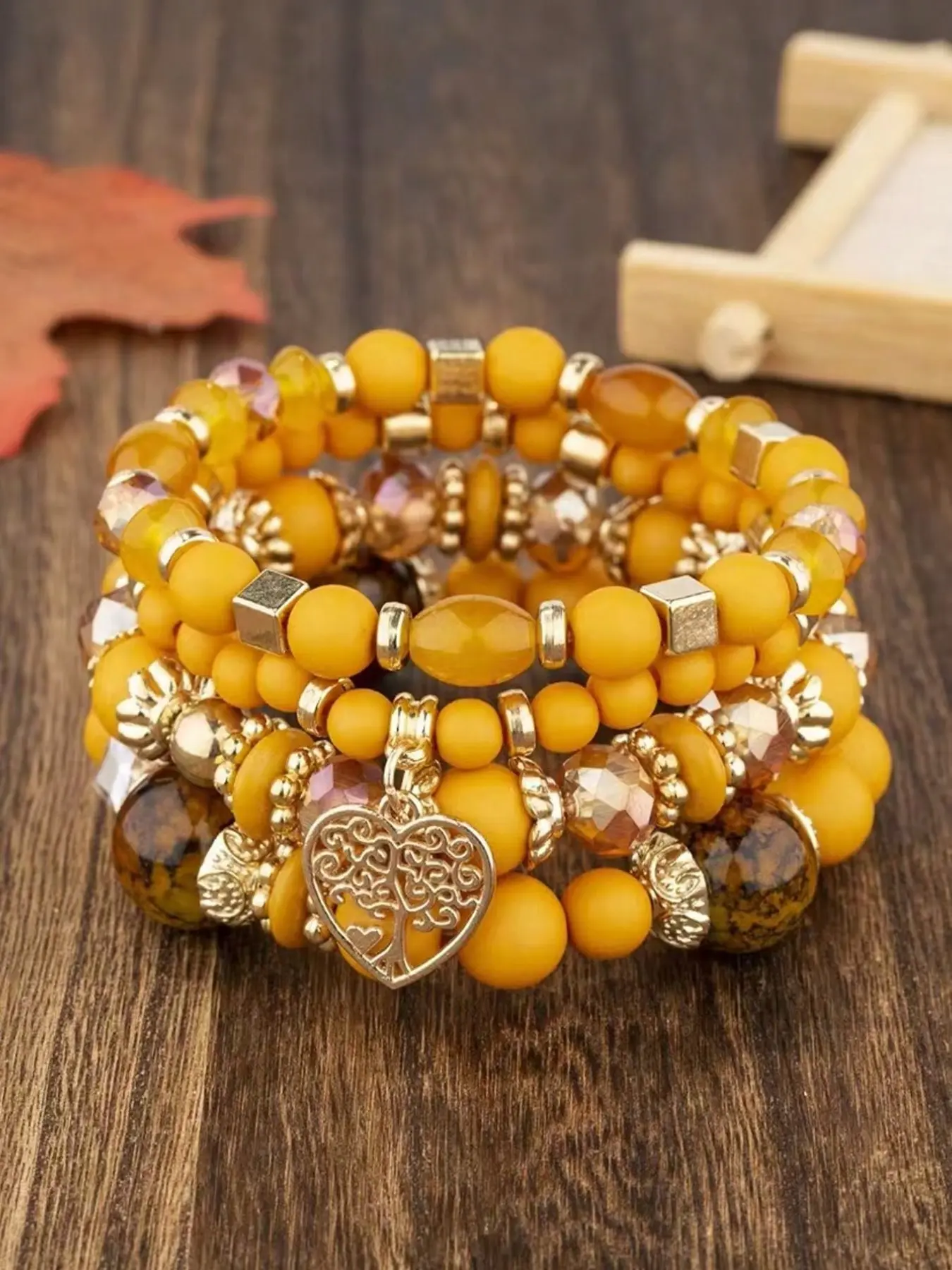 4pcs Vintage Boho Mustard Yellow Beaded Bracelet Set For Women, Layered Stretch Crystal Stone Bangles With Gold Heart Tree Charm, Handmade Stackable Elastic Bracelets, Fashion Jewelry For Daily Wear, Travel, Beach, Festival, Birthday Gift