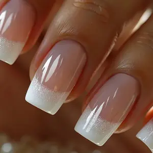 24-piece French long wear nails white French solid color fake nails simple and advanced glitter detachable nail plate Nail Tips Art
