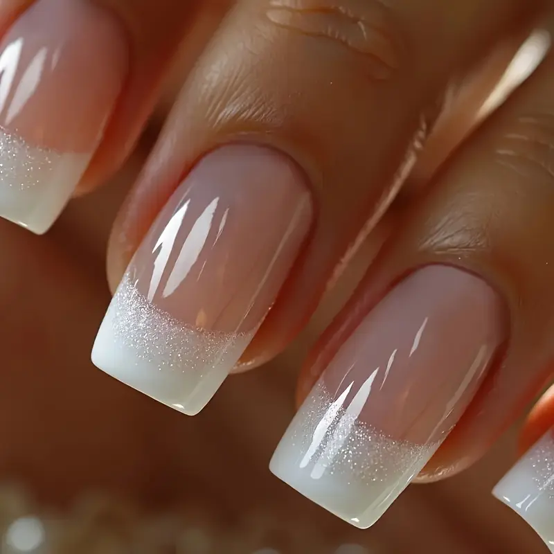 24-piece French long wear nails white French solid color fake nails simple and advanced glitter detachable nail plate Nail Tips Art