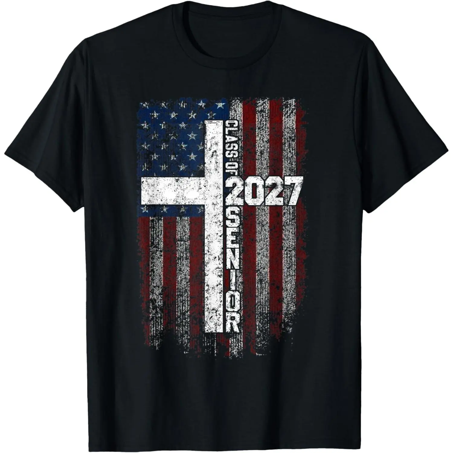 100% Cotton Class of 2027 Senior Christian American Flag Graduation 2027 T-Shirt