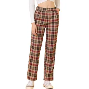 INSPIRE CHIC Women's Plaid Elastic Waist Casual Work Office Long Pants X-Large Red Brown Beige